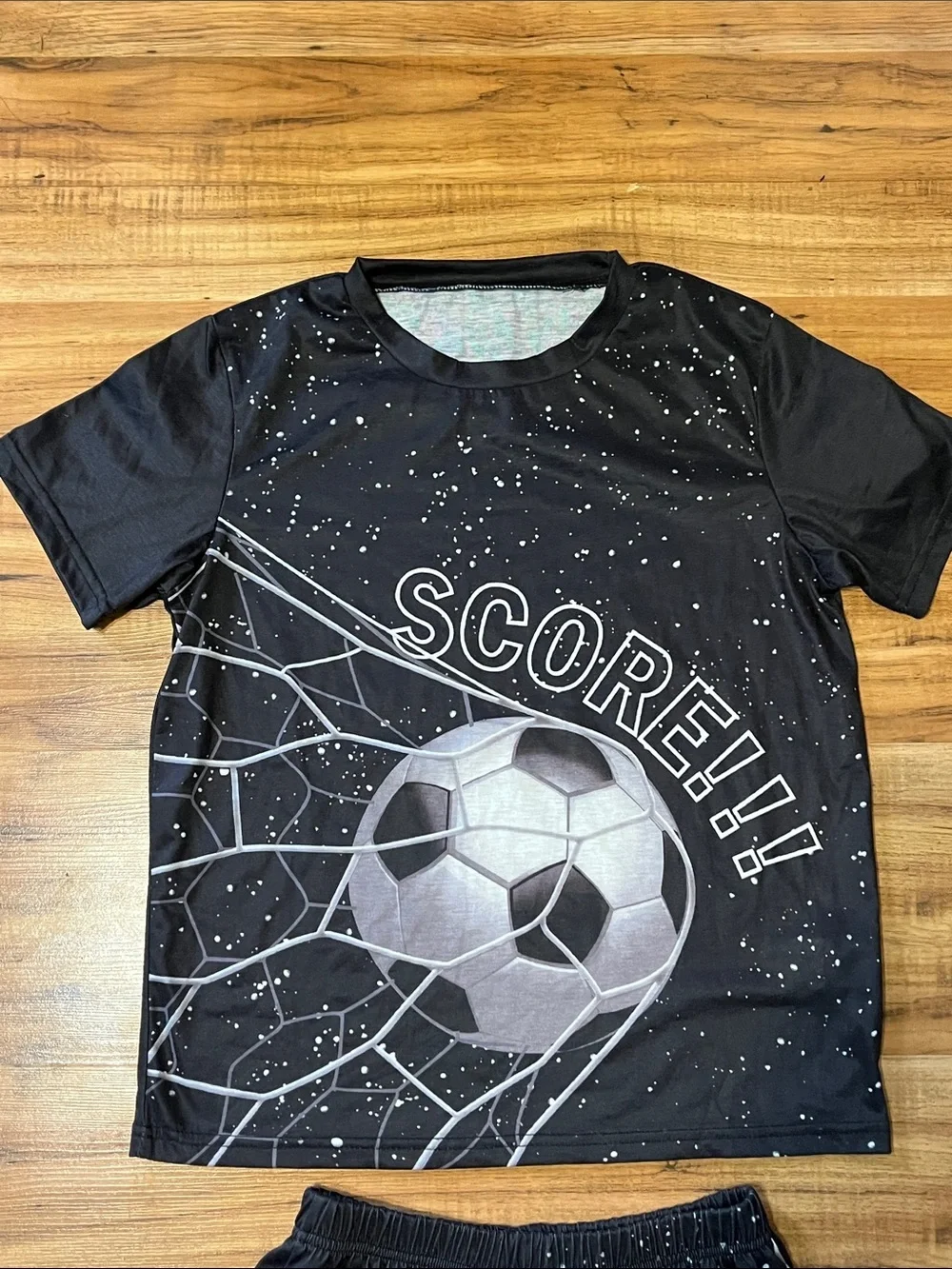 SHEIN Black Soccer 'SCORE!!!' Tee & Shorts Set Size 11-12 year old